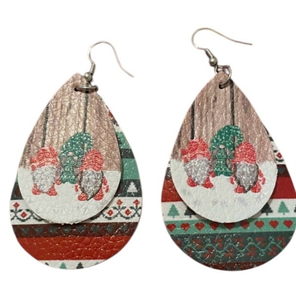 Hand Crafted Faux Leather Gnome Teardrop Dangle Earrings